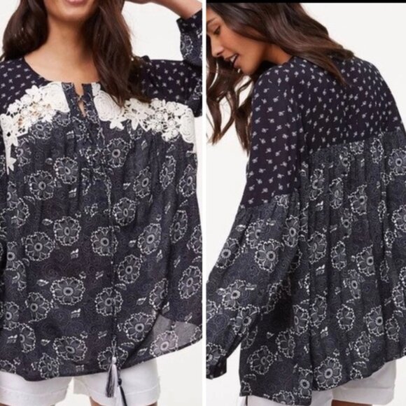 Ann Taylor Loft Dark Floral Print Lace Tassel Peasant Boho Long Sleeve Blouse - - Picture 2 of 11